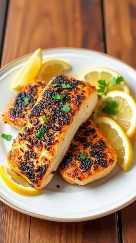 Cajun blackened cod fillets garnished with parsley and lemon on a rustic plate.